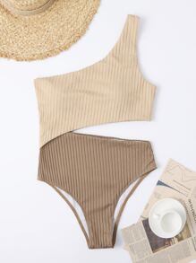 SHEIN Swim 夏季沙灘兩色中空單肩連體游泳衣 - 彩色 - 查看 5