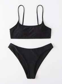 Conjunto de bikini con espalda recortada para vacaciones de verano en la playa - Negro - Ver 3