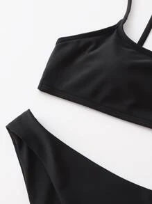 Conjunto de bikini con espalda recortada para vacaciones de verano en la playa - Negro - Ver 4