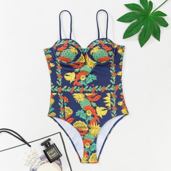 

Plant Print Push Up One Piece Swimsuit, Multicolor