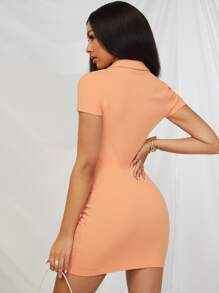 SHEIN Essnce 1 PC V-neck Collared Bodycon Dress - Orange - View 3