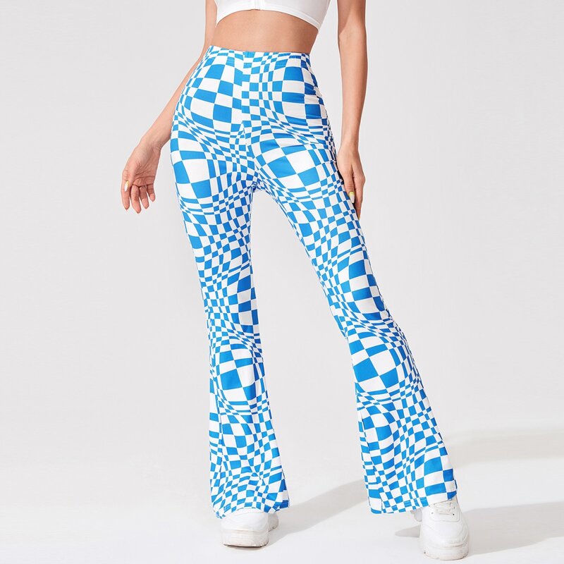 

Plaid High Waist Flare Leg Pants, Blue and white