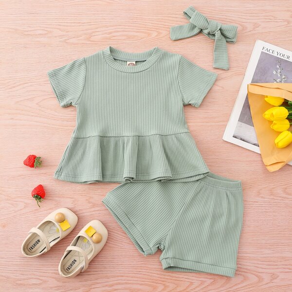 

Baby Ribbed Ruffle Hem 1 Tee & 1 Shorts & 1 Headband, Mint green