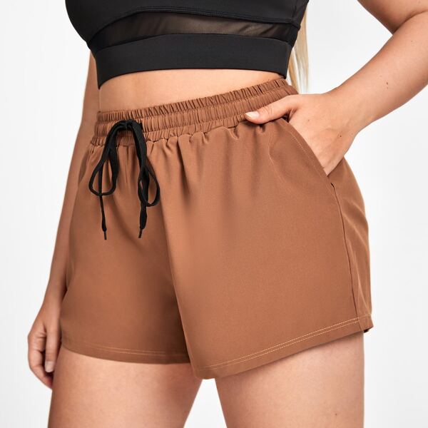 

Plus Drawstring Waist Slant Pocket Sports Shorts, Coffee brown