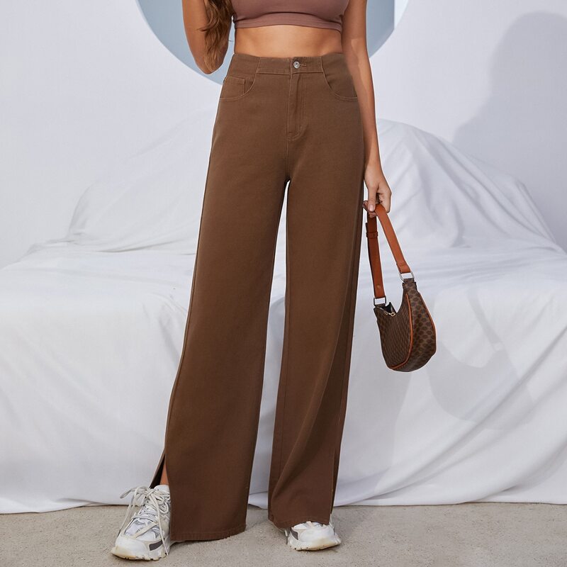 

Slant Pocket Split Hem Straight Leg Jeans, Coffee brown