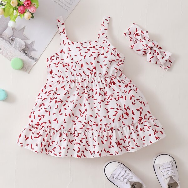 

Baby Girl Plants Print Ruffle Hem Cami Dress With Headband, Red and white