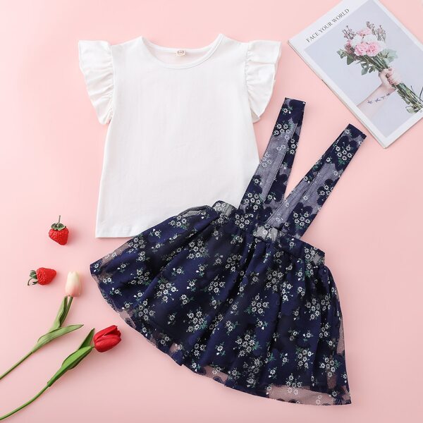 

Toddler Girls Ruffle Cuff Tee & Floral Mesh Suspender Skirt, Blue and white