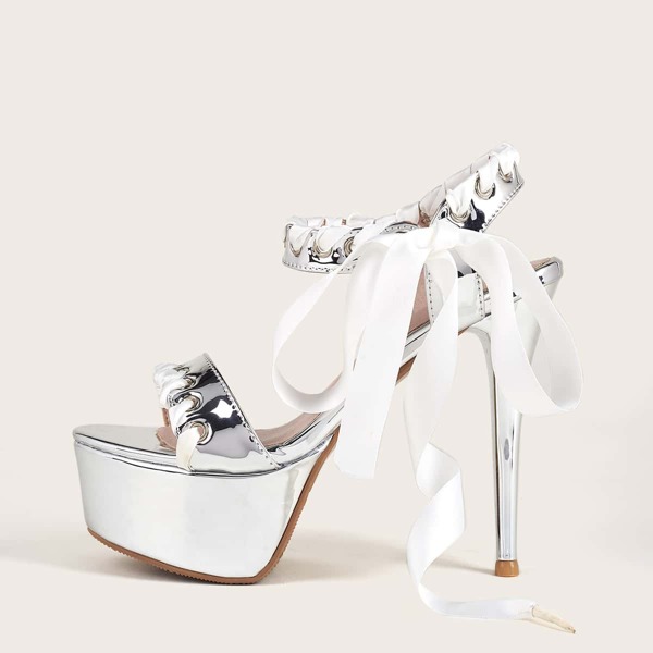 

Metallic Tie Side Platform Stiletto Heeled Sandals, Silver