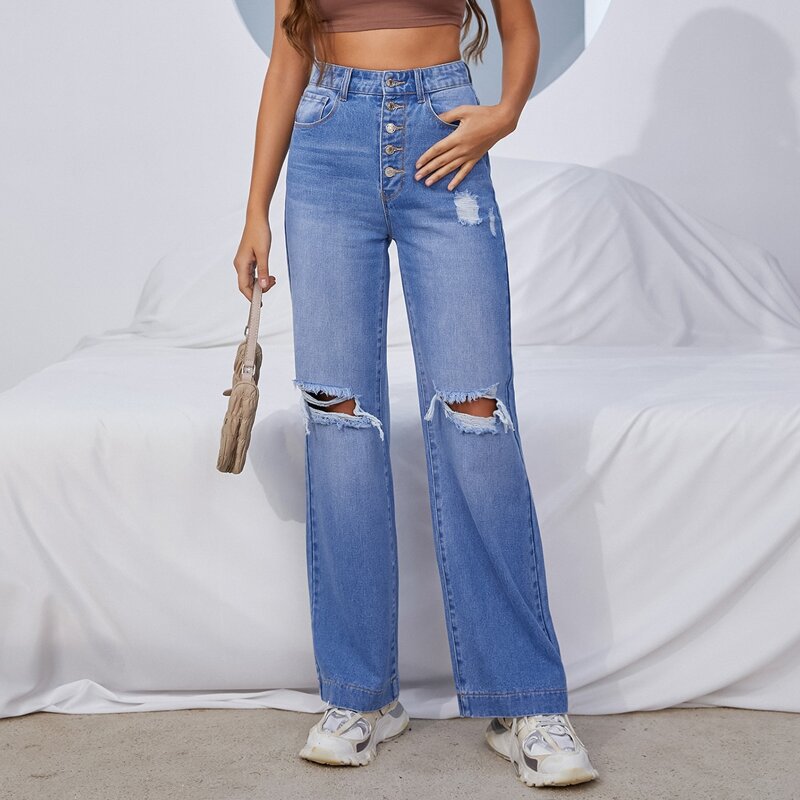 

Ripped Slant Pocket Straight Leg Jeans, Medium wash