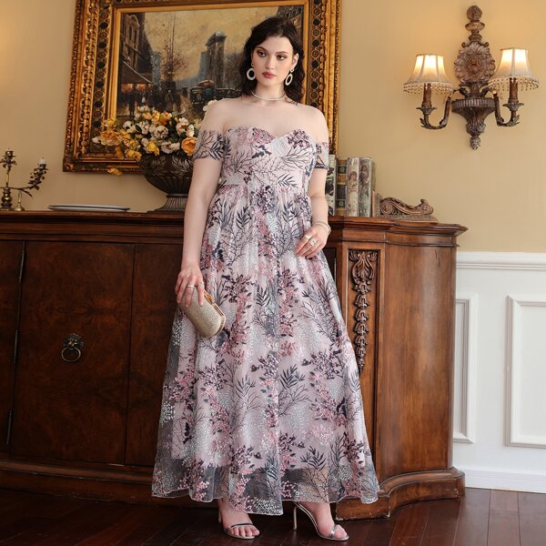 

Plus Embroidered Mesh Overlay A-Line Dress, Multicolor