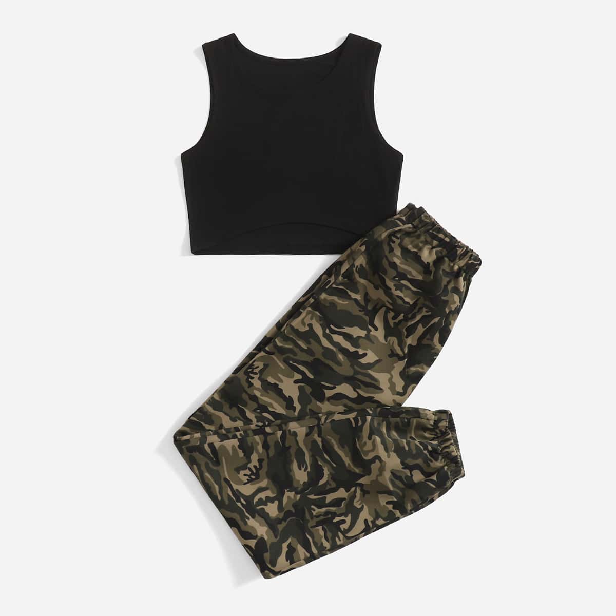

Solid Ribbed Tank Top & Camo Pants, Multicolor