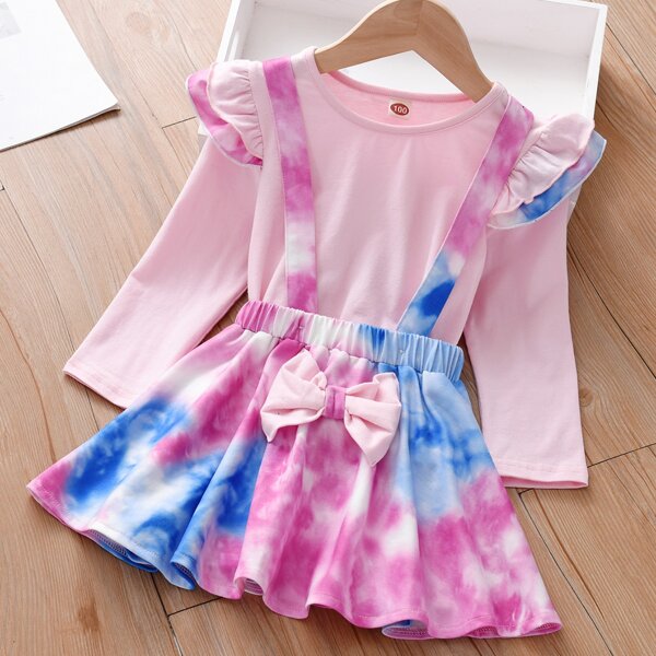 

Toddler Girls Layered Ruffle Tee With Tie Dye Bow Pinafore Skirt, Multicolor