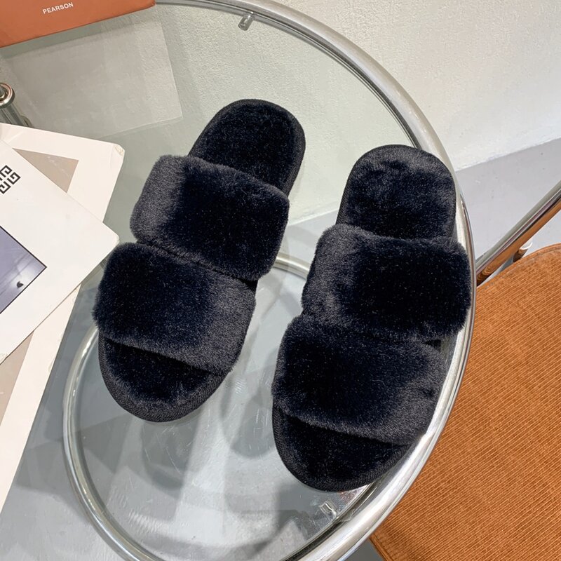 

Double Band Fluffy Slippers, Black