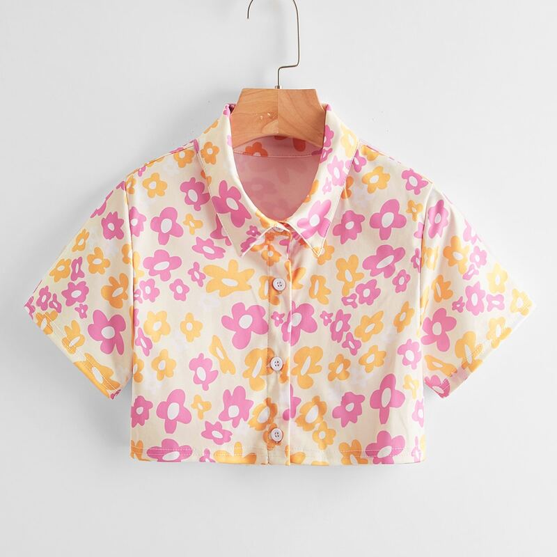 

Floral Print Button Front Crop Top, Multicolor