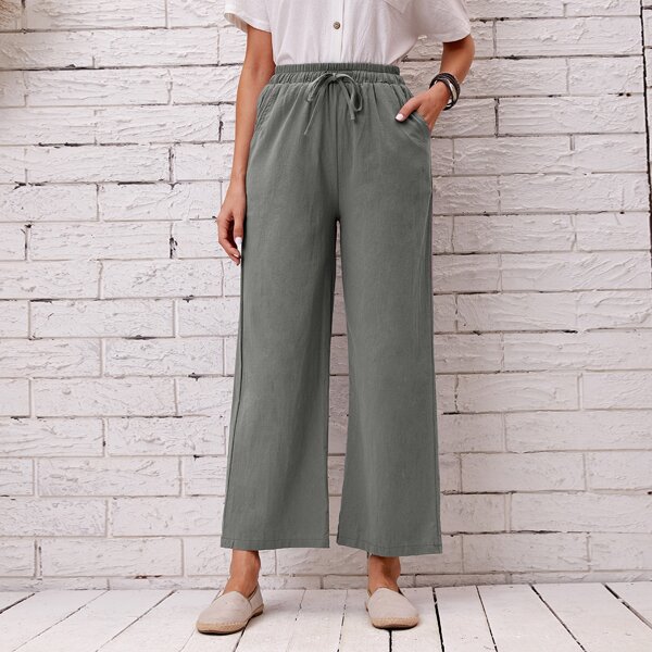 

Solid Drawstring Waist Wide Leg Pants, Dark grey