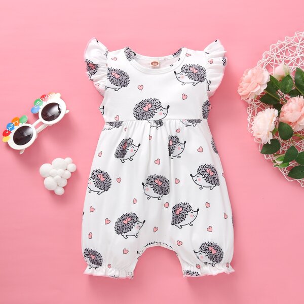 

Baby Girl Cartoon Hedgehog And Floral Print Romper, White