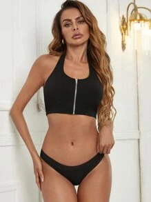 Zipper Front Lingerie Set - Black - View 4