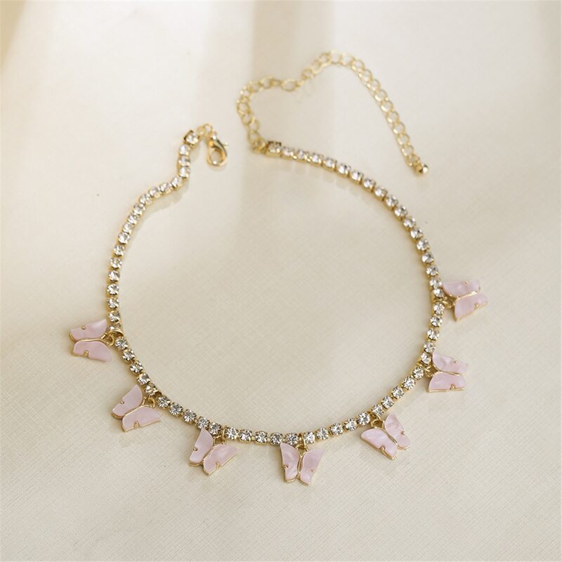 

Butterfly Charm Rhinestone Necklace, Pink