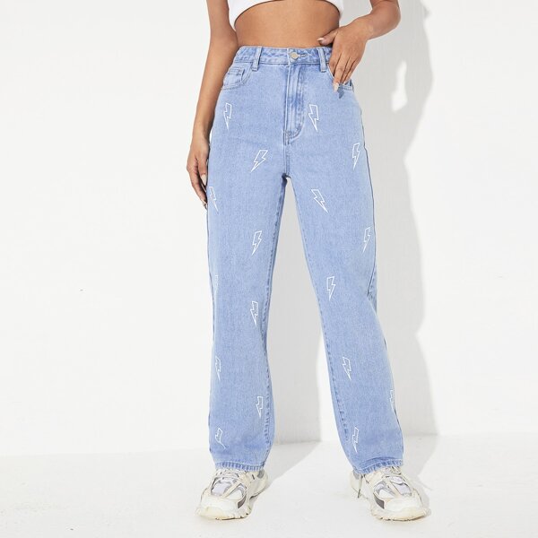 

High Waist Lightning Print Straight Leg Jeans, Light wash