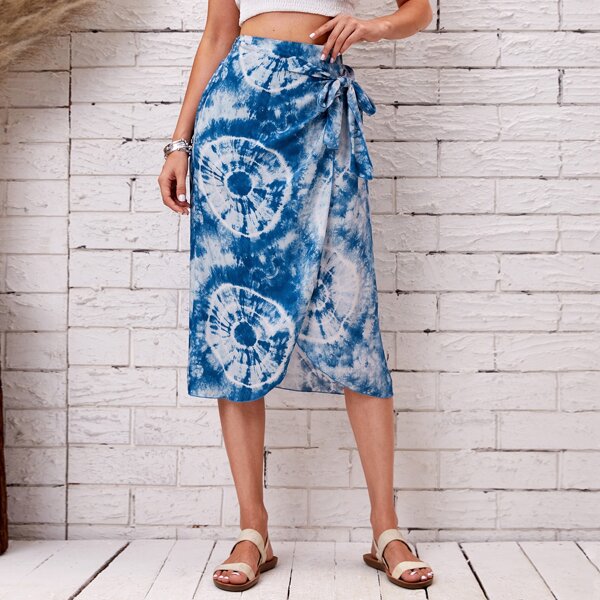 

Tie Dye Knot Side Wrap Skirt, Blue and white