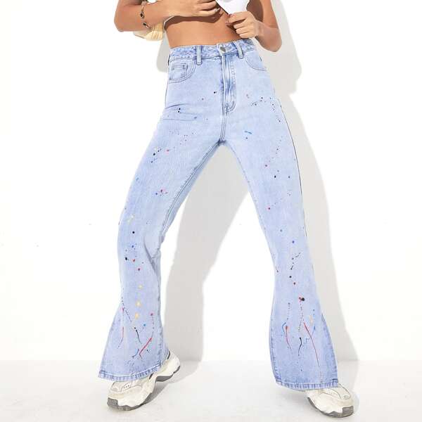 

Painting Splash Split Hem Jeans, Light wash