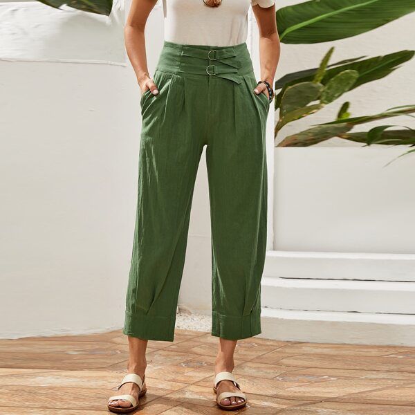 

Solid Slant Pocket Straight Leg Pants, Green