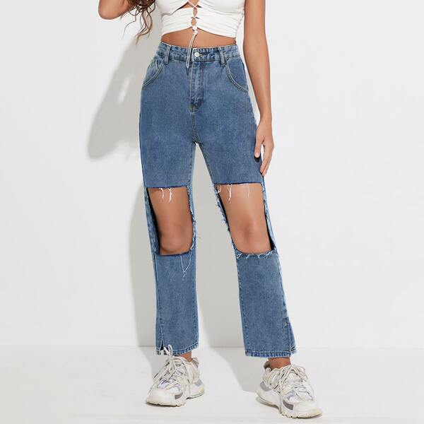 

High Waist Knee Ripped Split Hem Jeans, Medium wash