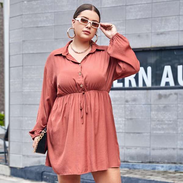 

Plus Knot Front Drop Shoulder Shirt Dress, Coral pink