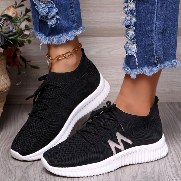 

Letter Graphic Lace Up Decor Knit Sneakers, Black