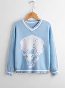 Girls Skull Pattern Drop Shoulder Cricket Sweater - Baby Blue - View 1