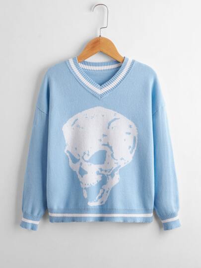 Girls Skull Pattern Drop Shoulder Cricket Sweater
