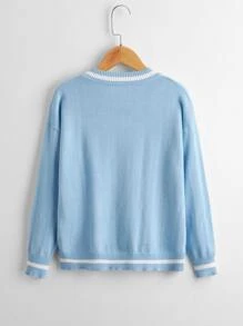 Girls Skull Pattern Drop Shoulder Cricket Sweater - Baby Blue - View 2