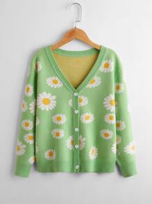 女孩雛菊圖案前排扣開襟衫 - 青檸色 - 查看 1