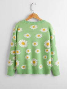 女孩雛菊圖案前排扣開襟衫 - 青檸色 - 查看 2