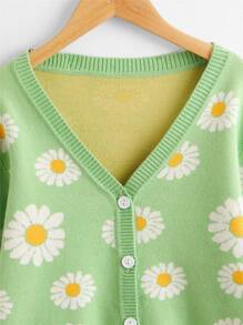 女孩雛菊圖案前排扣開襟衫 - 青檸色 - 查看 4