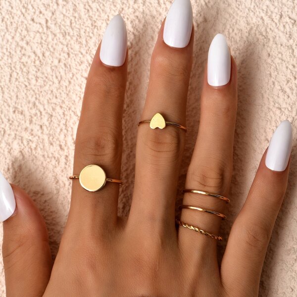 

5pcs Heart & Round Decor Ring, Gold