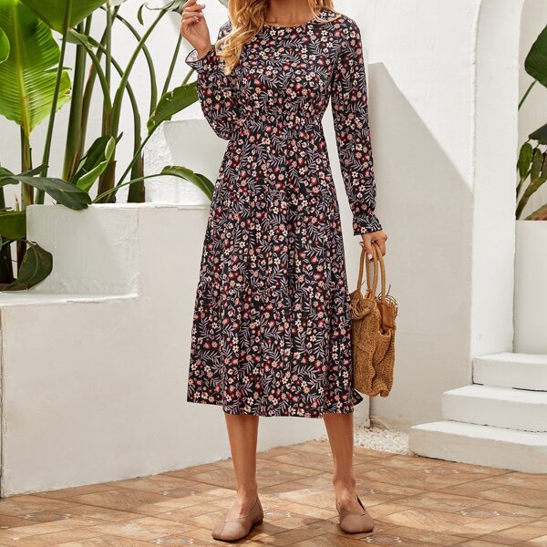 

Ditsy Floral Flounce Sleeve A-line Dress, Multicolor