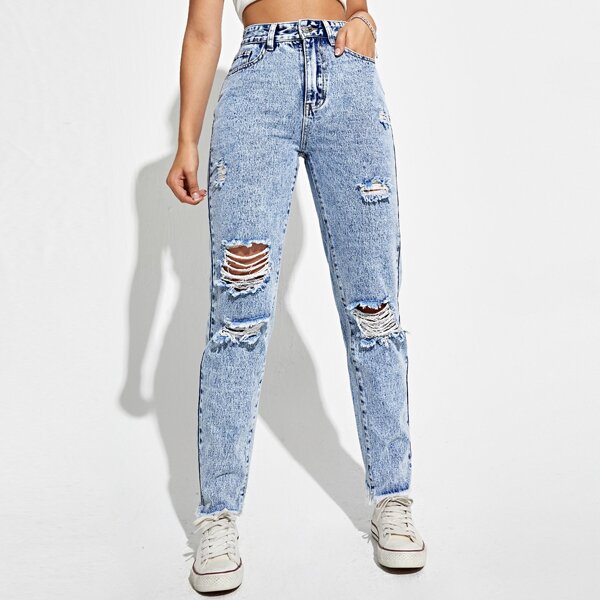 

Ripped High Waist Jeans, Light wash