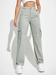 SHEIN EZwear Jean Tombol Kantong Zip Plain - Grey - View 1