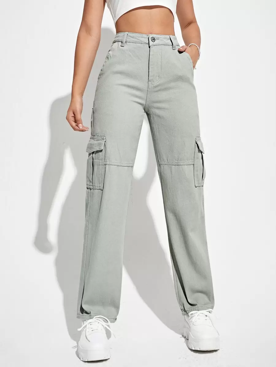 SHEIN EZwear Jean Tombol Kantong Zip Plain - Grey - View 1