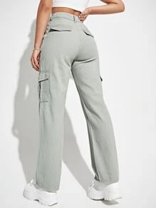 SHEIN EZwear Jean Tombol Kantong Zip Plain - Grey - View 2