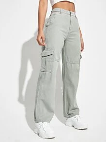 SHEIN EZwear Jean Tombol Kantong Zip Plain - Grey - View 3