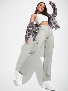 SHEIN EZwear Jean Tombol Kantong Zip Plain - Grey - View 4