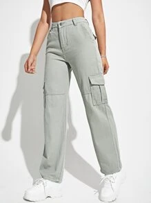 SHEIN EZwear Jean Tombol Kantong Zip Plain - Grey - View 5