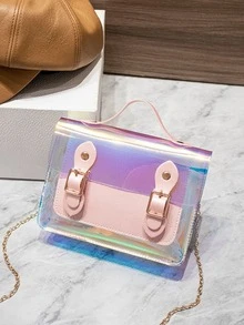 Girls Holographic Chain Satchel Bag - Pink - View 2