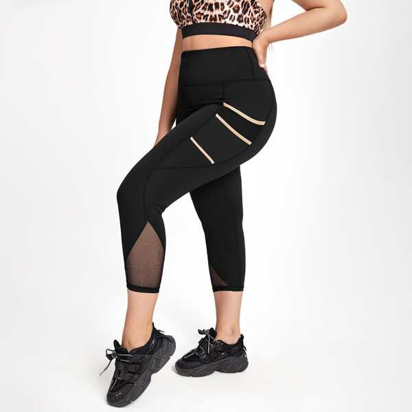 

Plus Contrast Mesh Capri Sports Leggings, Black
