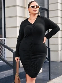 เดรสพลัสไซส์ จับจีบ เรียบง่าย ไม่เป็นทางการ - สีดำ - ดู 5