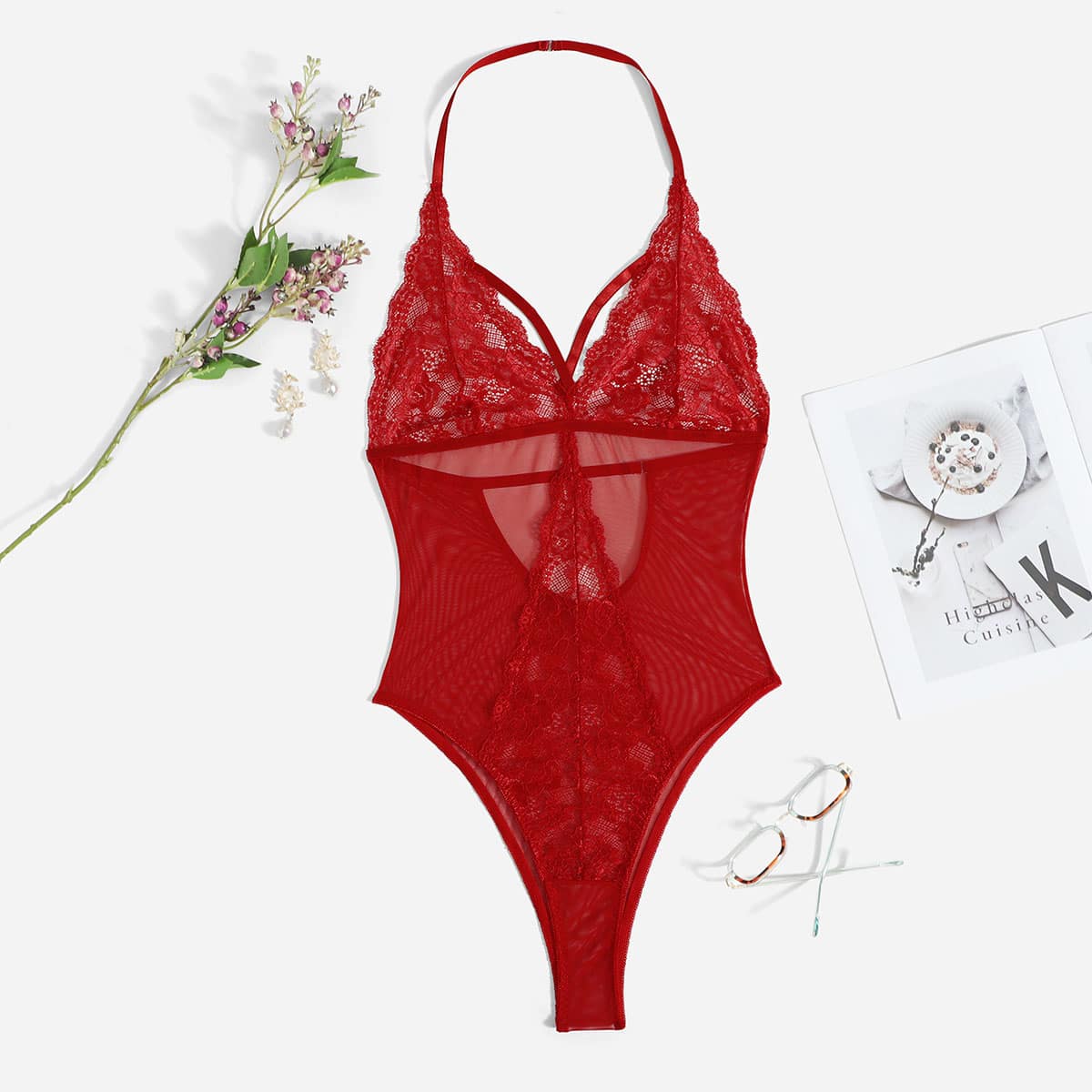 

Plus Contrast Lace Mesh Teddy Bodysuit, Red