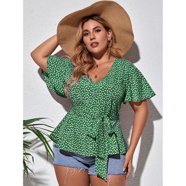 

Plus Ditsy Floral Flutter Sleeve Belted Top, Green