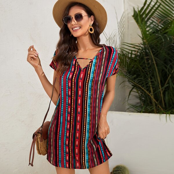 

V-neck Graphic Print Tunic Dress, Multicolor